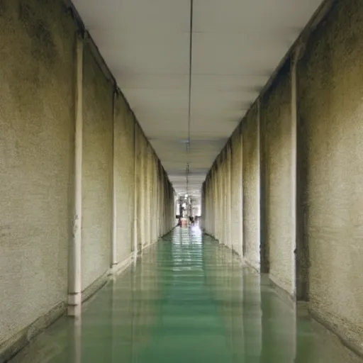 Image similar to a long endless hallway with shallow water at the bottem of it, liminal,