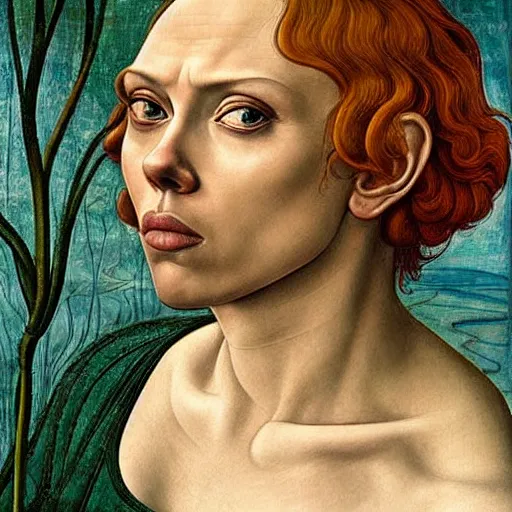 Image similar to scarlett johansson as gollum, elegant portrait by sandro botticelli, detailed, symmetrical, intricate