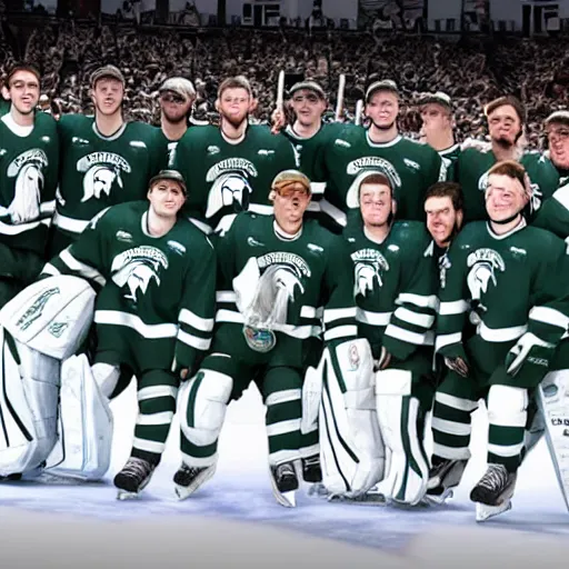 Prompt: Michigan state ice hockey wins national championship in NHL 22 video game, team picture, rendered in unreal engine