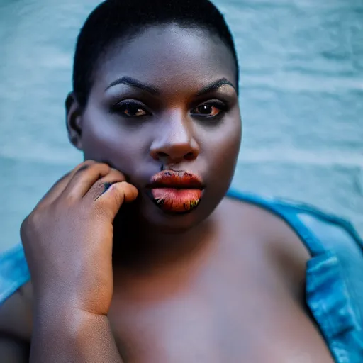 Image similar to portrait face of a curvy beautiful gorgeous black edgy model girl with short hair, bikini, big leaps, blue eyes, she's sad, sunset, street of africa at night, 8 0 mm lens, 1. 2 aperture, grainy image, close up, cinematic light, 8 k, 4 k, very detailed, depressing atmosphere, cover magazine