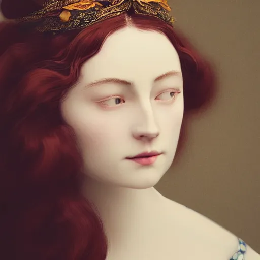 Prompt: kodak portra 4 0 0, 8 k, artstation, soft light, volumetric lighting, highly detailed, britt marling style 3 / 4 extreme close - up portrait photography of a beautiful woman pre - raphaelite, inspired by ukiyo - e, royal woman wearing ornate art nouveau orchid headdress, realistic, refined, highly detailed