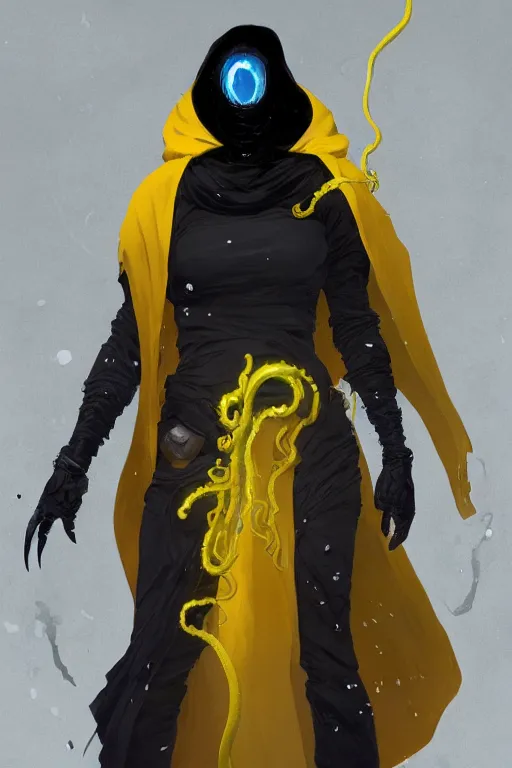 Image similar to A full body portrait of a mysterious character with no face with a very long yellow hooded cloak with tentacles coming out the bottom art by Maciej Kuciara and Jason Chan, trending on artstation, Ultra detailed, hyper realistic 4k