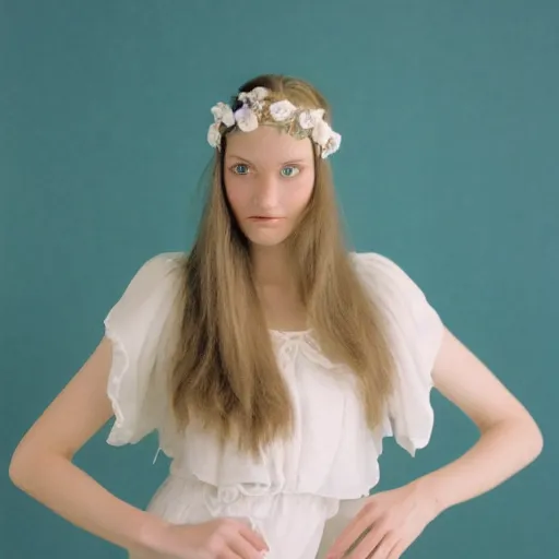 Image similar to a photograph of beautiful nordic woman wearing a white folkdrakt dress, she has a summer flower headband. against a teal studio backdrop. strong kodak portra 4 0 0 film look. film grain.