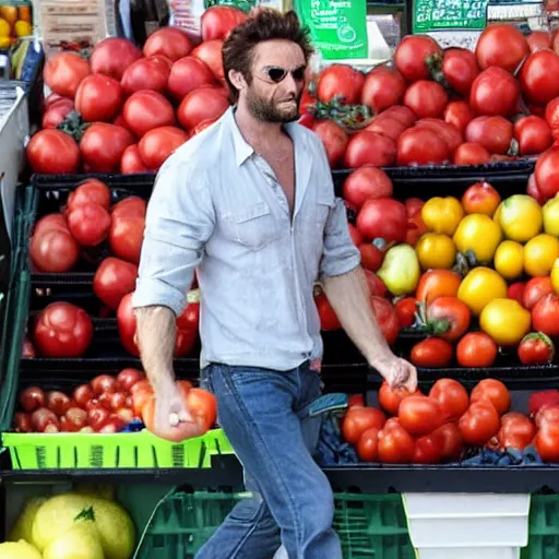 Image similar to wolverine wearing crocs while shopping for tomatoes at a farmers market,