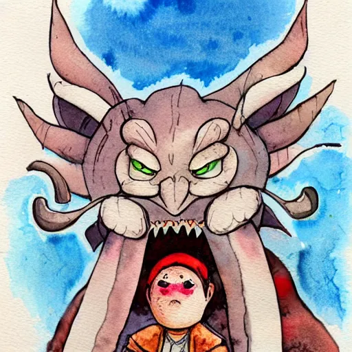 Image similar to whimsical silly watercolor painting of a terrifying demon, in the style of studio ghibli