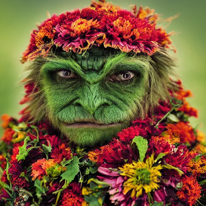 Image similar to closeup portrait of a green-horned goblin wearing a hooded cloak made of zinnias and rainbows, in an empty field, by Annie Leibovitz and Steve McCurry, natural light, detailed face, CANON Eos C300, ƒ1.8, 35mm, 8K, medium-format print