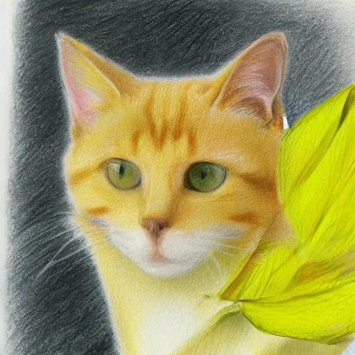 Prompt: a yellow cat near a yellow leaf, colorful drawing, pencil, impressionist