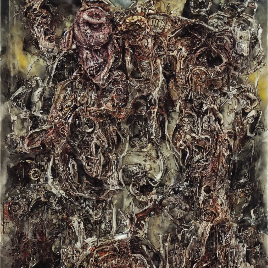 Image similar to Moloch full body shot, hyper-realistic oil painting, Body horror, biopunk, by Ralph Steadman, Francis Bacon, Hunter S Thompson