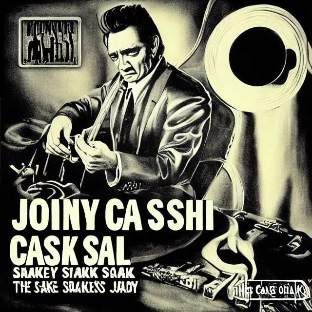 Prompt: album cover for Johnny Cash: The Snake Oil Tapes, album art by David A. Hardy, snake oil album, snakes