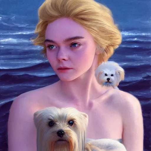 Image similar to Elle Fanning at sea holding a Yorkshire Terrier in the style of Lady with an Ermine, head and shoulders portrait, stormy weather, extremely detailed masterpiece, oil on canvas, low-key neon lighting, artstation, Blade Runner 2049, Roger Deakin’s cinematography, by J. C. Leyendecker and Peter Paul Rubens and Edward Hopper and Michael Sowa,