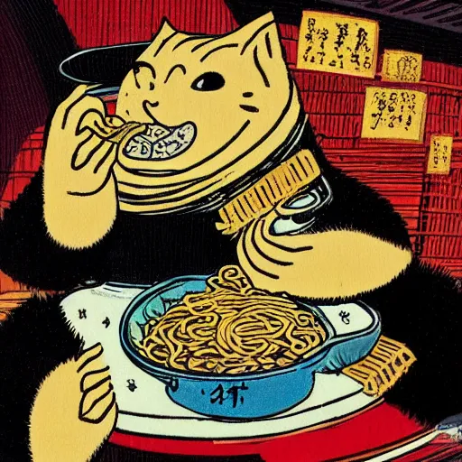 Prompt: fat cat eating ramen noodles on toast, japanese art