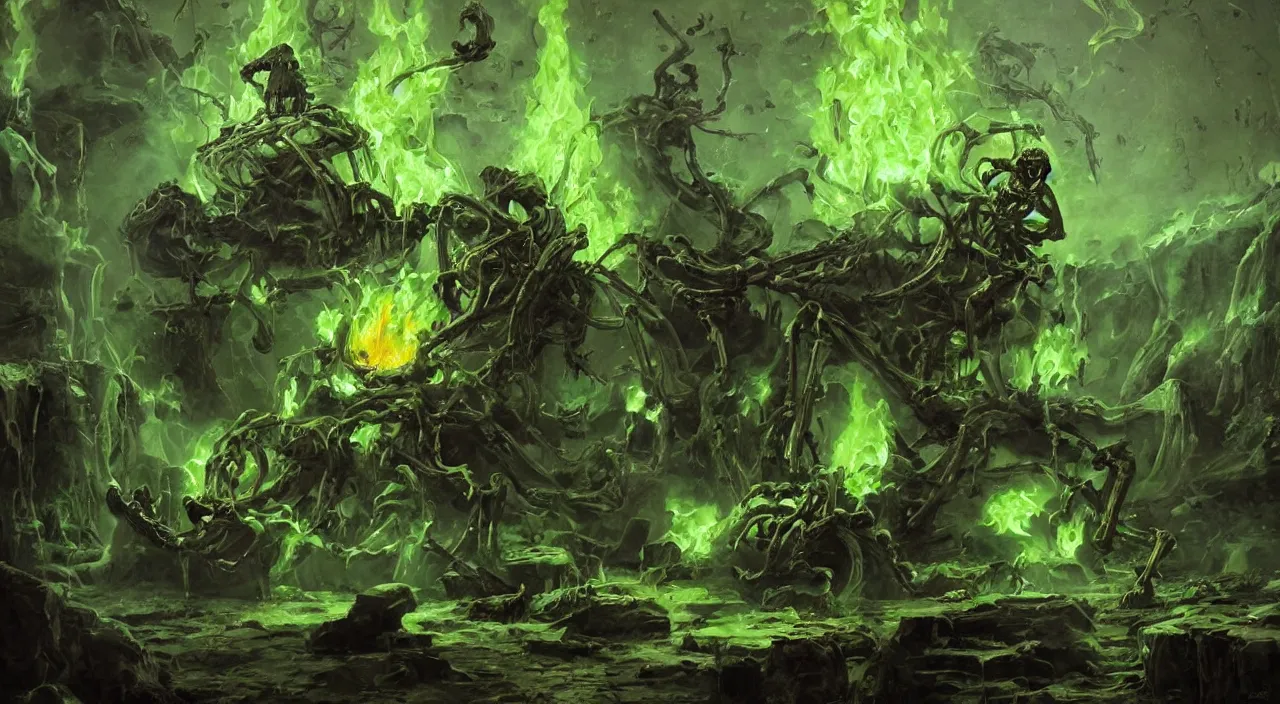 Image similar to A highly detailed oil painting by Greg Rutkowski of a skeleton wearing black robes making a potion in a huge bubbling cauldron glowing bright green, with lots of fire coming from it, highly detailed fantasy concept artwork, very realistic, green and black color scheme, graffiti.