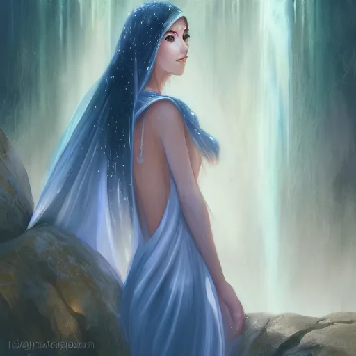 Image similar to beautiful Arab woman, white transparent veil black hair, bathing in a waterfall, ethereal, emotive, fine art, water mist, mystical, Romanticism, golden light digital painting, artstation, concept art