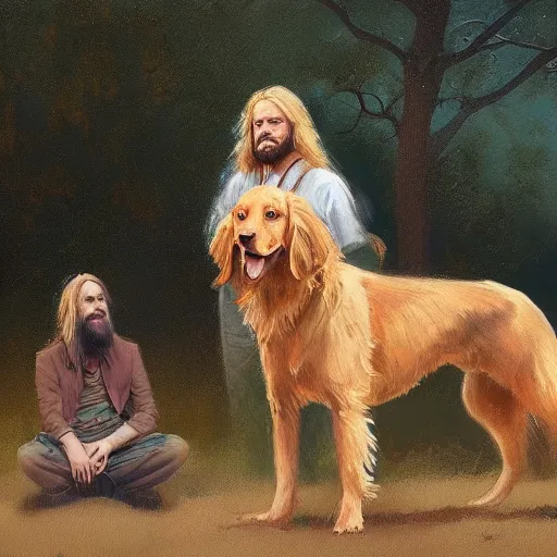 Image similar to oil painting of a young man with long hair blond and a beard hippie style painting on a golden retriever, people watching around, by greg rutkowski, artstation