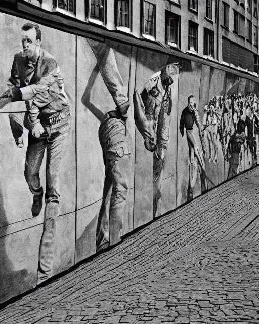 Image similar to fall of the berlin wall, hyper realism, high detail, extremely detailed, very sharp, award winning photo, in the style of vivian maier