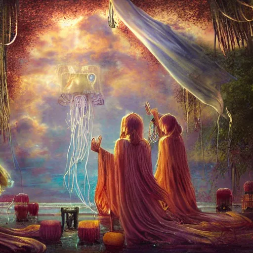 Image similar to A painting of priestesses worshipping at the jellyfish temple, shrouded in mist, jellyfish god, jellyfish priestess, jellyfish shrine maiden, 8K, illustration, art by Lilia Alvarado, Sophie Anderson, Mark Arian, Bob Byerley, Charlie Bowater, Mark Brooks, Steve Henderson, Justin Gerard, Arthur Hughes, Edward Robert Hughes, Mark Keathley, Victor Nizovtsev, Carlos Shwabe, Ross Tran, WLOP, smoke, undersea temple with fish, cinematic, insanely detailed and intricate, hypermaximalist, elegant, super detailed, award-winning, magenta and crimson and cyan, rainbow accents, iridescence, bioluminescence, mysterious, ancient, ritual, trending in cgsociety, artstation HQ, ornate, elite, haunting, matte painting, beautiful detailed, insanely intricate details, dreamy and ethereal, otherworldly