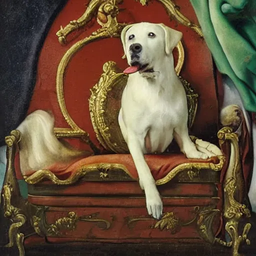 Prompt: labrador with his tongue out, sitting on a throne, 1700 oil painting, rococo