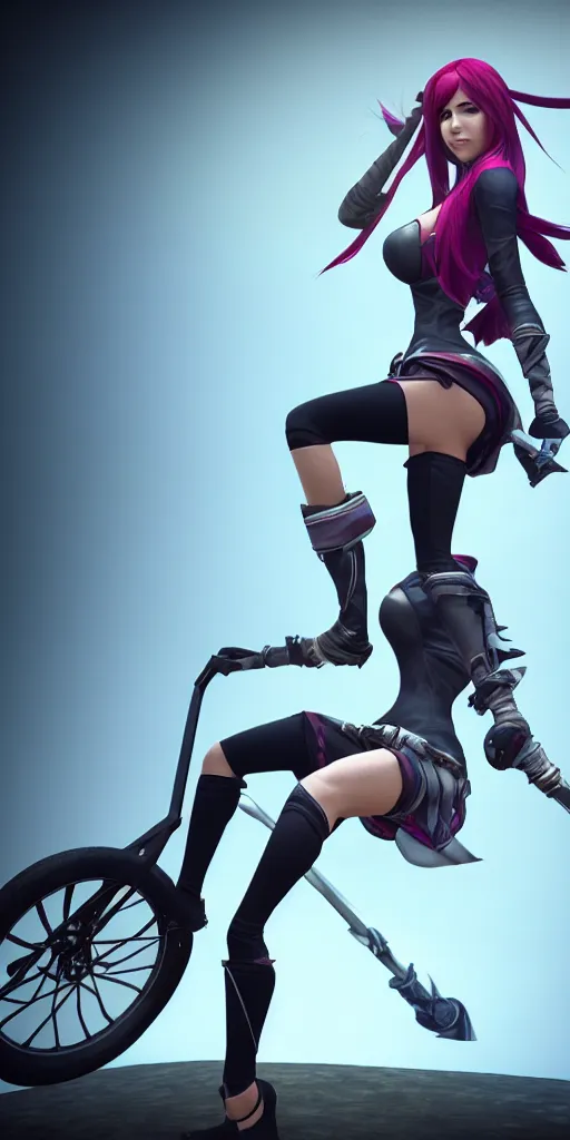 Image similar to Katarina from League of Legends on a unicycle, photorealistic full body, studio lighting, unreal engine 5, hyperrealistic, dynamic lighting, white ambient background, realistic, highly detailed