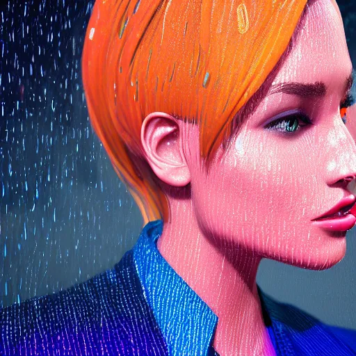 Image similar to stylish woman cartoon portrait made out of rain, pinstripe suit, short blond hair, galactic background, rendered in octane, unreal engine, highly detailed, trending on artstation, realistic, splashes of neon, beautiful