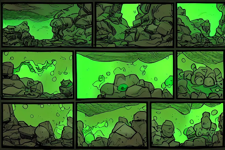 Prompt: glowing green rocks, toxic sludge, like where the hulk would live, landscape, comic book art style, pictures in sequence, storyboarding, speech bubbles, explosions