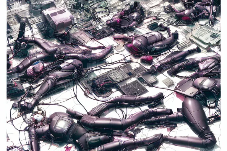 Image similar to a cyberpunk illustration of a group of coherent female androids in style of masamune shirow, lying on an empty, white floor with their bodies broken scattered rotated in different poses and cables and wires coming out, by yukito kishiro and katsuhiro otomo, hyper-detailed, intricate