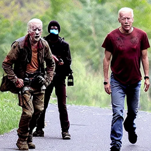 Image similar to a still shot from the movie 28 days later, with infected Joe Biden and Ethan Van Sciver zombies