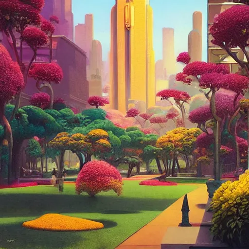 Image similar to a painting of an art - deco cityscape surrounded by flowers, a watercolor and matte painting by beeple and rhads and maxfield parrish, cgsociety, artdeco, utopia art, sci - fi, artstation hq