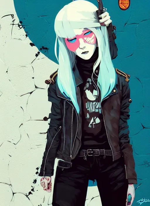 Image similar to highly detailed portrait of a sewer punk lady student, blue eyes, leather jacket, white hair by atey ghailan, by greg rutkowski, by greg tocchini, by james gilleard, by joe fenton, by kaethe butcher, gradient blue, black, brown and cyan color scheme, grunge aesthetic!!! ( ( graffiti tag wall background ) )