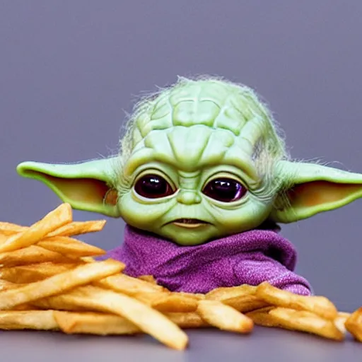 Prompt: baby yoda inside a bag of french fries