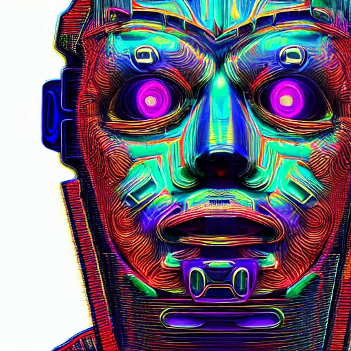 Image similar to hyperdetailed portrait of a psychedelic cyberpunk robot head, accentuated with colorful glowing holy geometry, 8 k, symetrical, halluzinogenic, meditative, black background