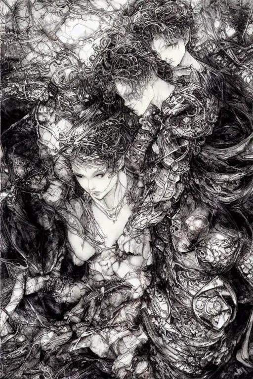 Prompt: the pieces of my heart shattered on the floor , pen and ink, intricate line drawings, by Yoshitaka Amano, Ruan Jia, Kentaro Miura, Artgerm, watercolor