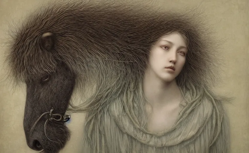 Image similar to horse bear hybrid character portrait by jean delville, tom bagshaw, brooke shaden, gustave dore and marco mazzoni, studio ghibli style, porcelain, organic, lifelike, detailed fur, intricate details