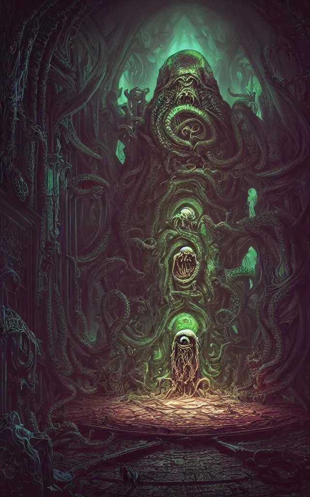 Image similar to hooded necromancer in front of a cthulhu within a viscosity fluid lovecraft portal, wide - angle portrait photography, intricate architecture, baroque detailed, unreal engine, octane render, micro detail, digital art by dan mumford and peter mohrbacher and wayne barlowe, intricate detail, subsurface scattering, ray tracing, vivid colors, octane render