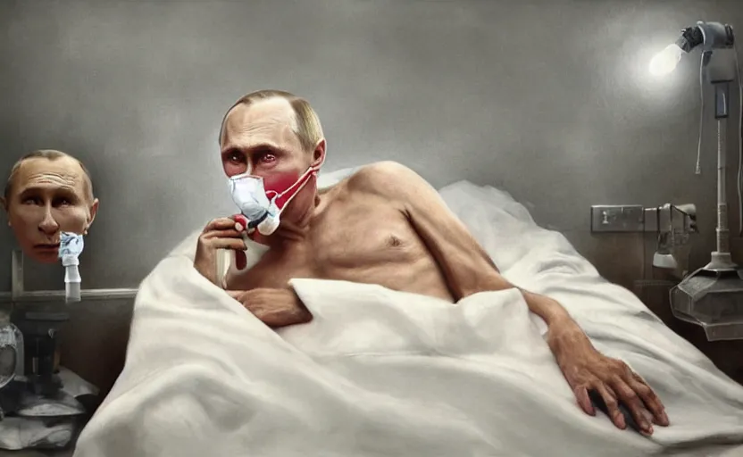 Image similar to hyperrealistic painting of very ill Vladimir Putin as a patient wearing an oxygen mask on a death bed inhaling from Copium tank that stand near his bed, dimly lit cozy tavern, leather tunic, confident relaxed pose, d&d, stunning 3d render inspired art by Tim Okamura and Lise Deharme + perfect facial symmetry + dim volumetric lighting, 8k octane beautifully detailed render, post-processing, extremely hyperdetailed, intricate, epic composition, grim yet sparkling atmosphere, cinematic lighting + masterpiece, trending on artstation, very very detailed, masterpiece, stunning