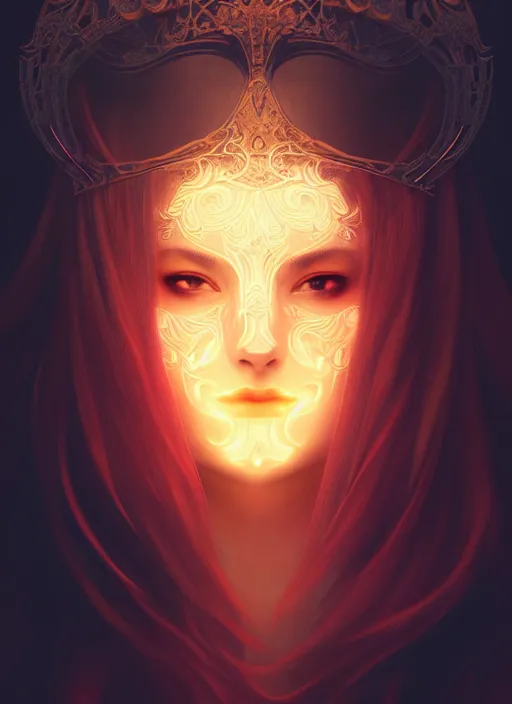 Prompt: centered portrait of a beautiful woman wearing a venetian mask, intricate concept art, ethereal, highly detailed, artstation, smooth, cinematic, mist, dramatic lighting, darksynth, illuminated glowing lines, outrun, vaporware, by ruan jia and ilya kuvshinov and liam wong and alphonse mucha