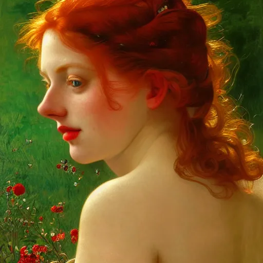 Prompt: a highly detailed portrait of a red haired young woman, among golden fireflies and nature, by night, green eyes, round gentle face, hint of freckles, cheeky smile with red lips, deep focus, smooth, sharp, golden ratio, elegant, digital painting by artemisia lomi gentileschi, caravaggio, artgerm, alphonse mucha