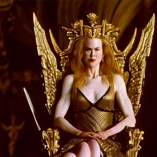 Image similar to cinematic scene with a twenty year old nicole kidman on a majestic throne as the goddess of war, dramatic, small details, volumetric lighting, still frame