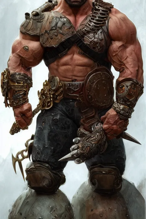 Image similar to ultra realistic illustration,, a hulking herculean dave bautista with leather armour, from doom and warhammer, intricate, elegant, highly detailed, digital painting, artstation, concept art, smooth, sharp focus, illustration, art by artgerm and greg rutkowski and alphonse mucha