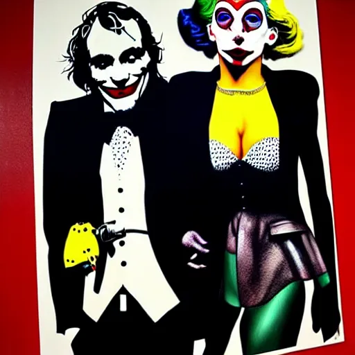 Image similar to richard hamilton and mimmo rottela and banksy as joaquin phoenix skinny joker holding hand lady gaga harley queen, ultra photorealistic, intricate details, pop art style, baroque, concept art, ultrarealistic, 3 colors, smooth, sharp focus