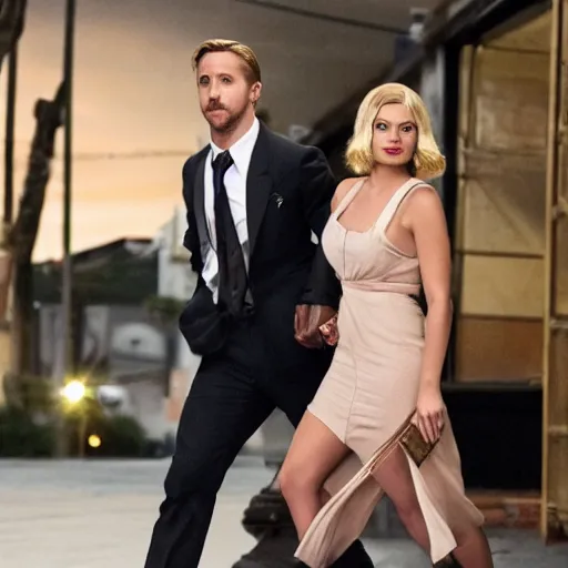 Image similar to still of ryan gosling and margot robbie, walking on eva mendes face