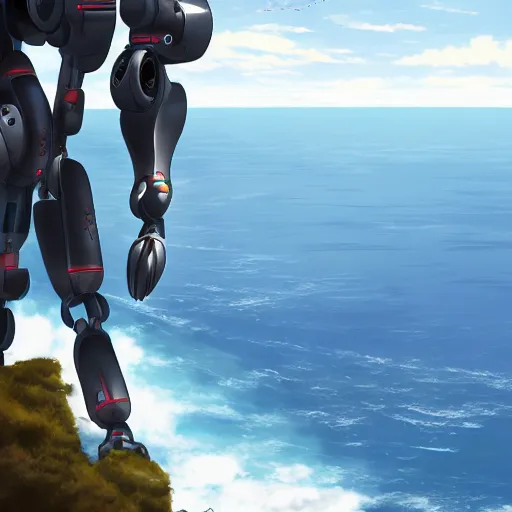 Prompt: ( anime!! humanoid robot ) ( standing on top of a large cliff ) overlooking the sea, anime!! artistic artstation