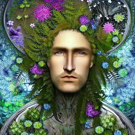 Image similar to an idealistic man, stern face, clear eyes, with shining armour and fractal flowery hair in a fractal garden, glowing delicate flower and ferns that grow in a dark fatansy forest on the planet pandora,