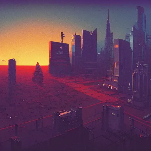 Image similar to moebius, Jean Giraud, cyberpunk, landscape, city, epic, artstation, dusk