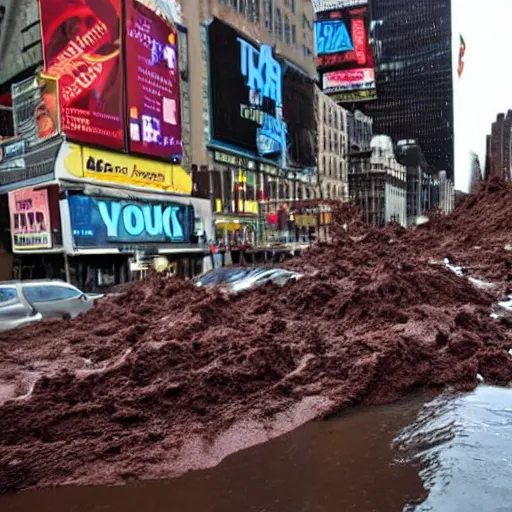 Prompt: tsunami of liquid chocolate on new york
