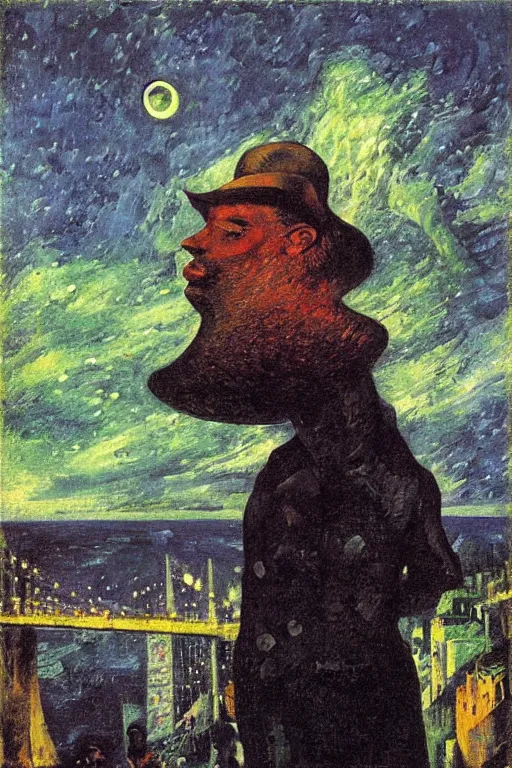 Image similar to man wearing a coat and a hat looking up to watch a comet in the sky of new york by gustave courbet and umberto boccioni, oil painting, surrealism, 8 k,