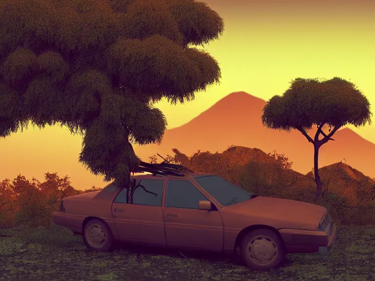 Image similar to low angle shot of tree growing inside scrap car in the foreground. overgrown. soft golden red sunset over the mountains in the background. clouds. detailed leaves, the style of 1 9 9 0's cg graphics against the cloudy night sky, lsd dream emulator psx, 3 d rendered y 2 k aesthetic by ichiro tanida, 3 do magazine, wide shot