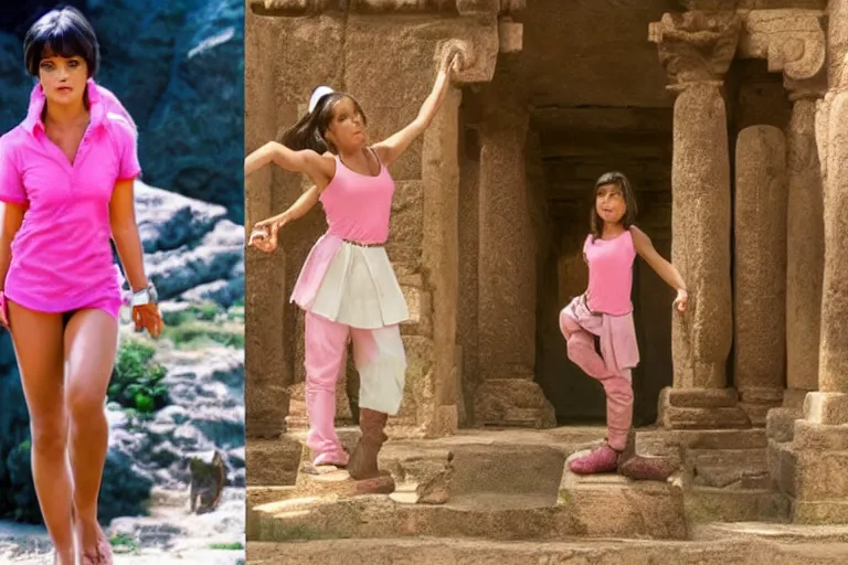 Image similar to Isabela Merced as Dora the Explorer wearing a pink shirt vs Angelina Jolie as Lara Croft wearing a white shirt standing in an ancient temple, high resolution movie still, film by Simon West