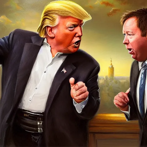 Image similar to portrait of donald trump and alex jones arguing, an oil painting by ross tran and thomas kincade