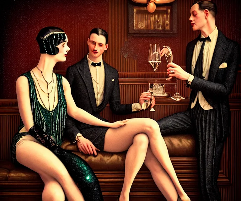 Prompt: a beautiful classy partying couple, dimly lit upscale 1920s speakeasy, relaxed pose, art deco, detailed painterly digital art style by Gerald Brom, retro vibe, 🍸, 8k octane beautifully detailed render, post-processing, extremely hyperdetailed, intricate, epic composition, grim yet sparkling atmosphere, cinematic lighting + masterpiece, trending on artstation, very detailed, vibrant colors, Art Nouveau, masterpiece, romanticism