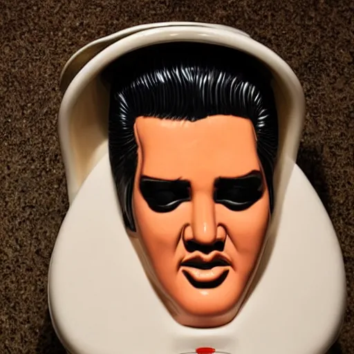 Prompt: toilet that is in the exact shape and size of elvis's head, weird toilet design photo, ceramic elvis head